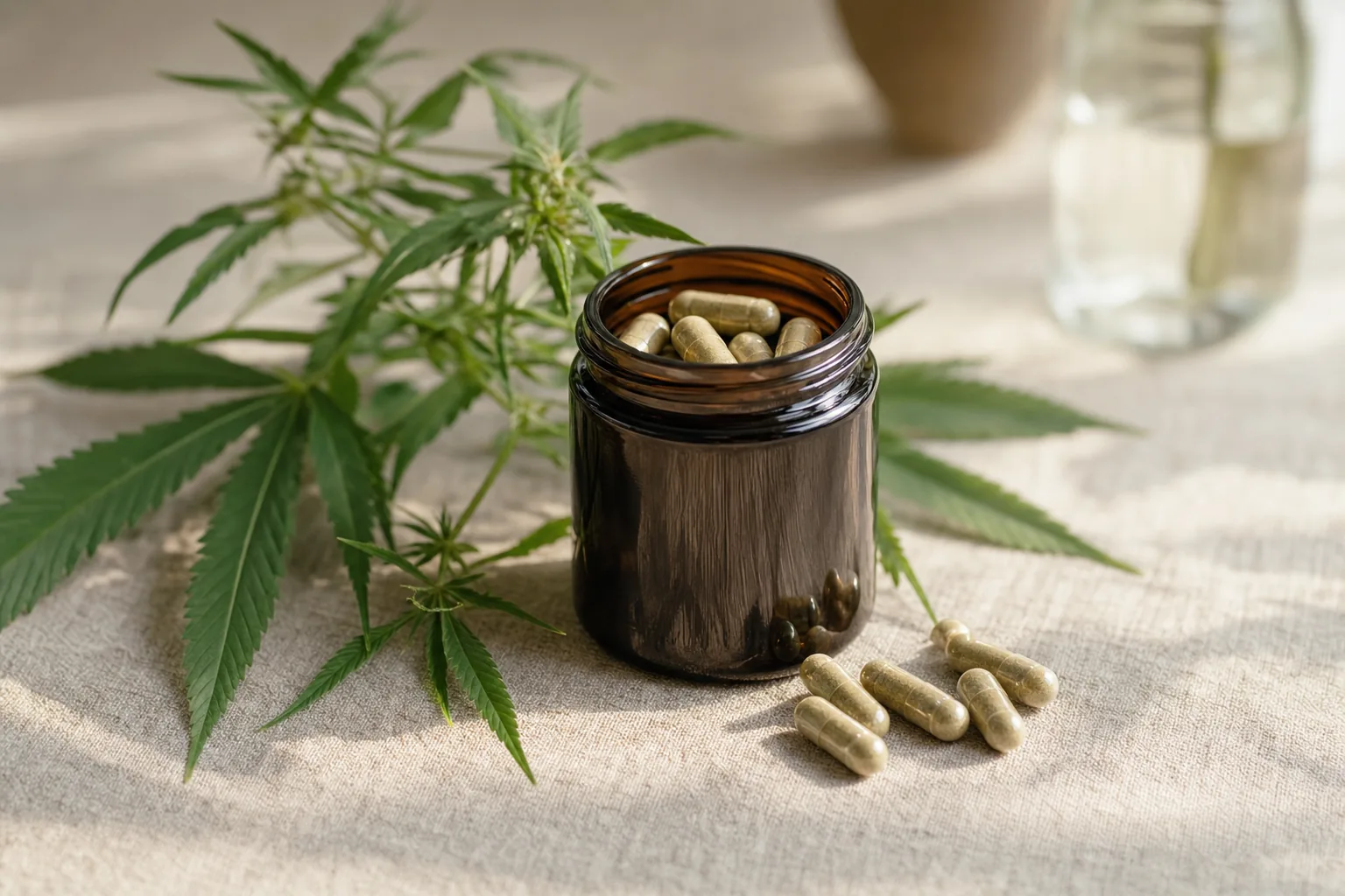 CBD-capsules in een natuurlijk potje
