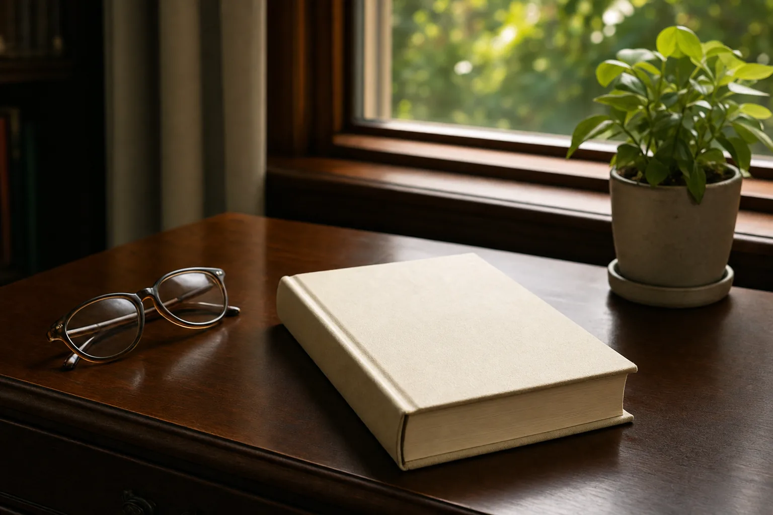 Boek en leesbril op een houten bureau