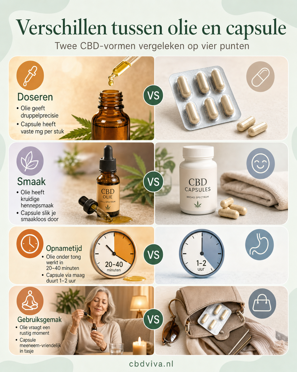 CBD-olie vs CBD-capsule op vier thema's — kleurdiversiteit, realistische foto's, 4:5 ratio