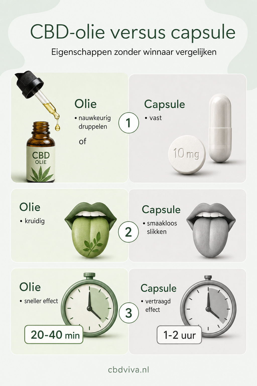 CBD-olie vs CBD-capsule — verfijnde editorial-stijl, 2:3 ratio
