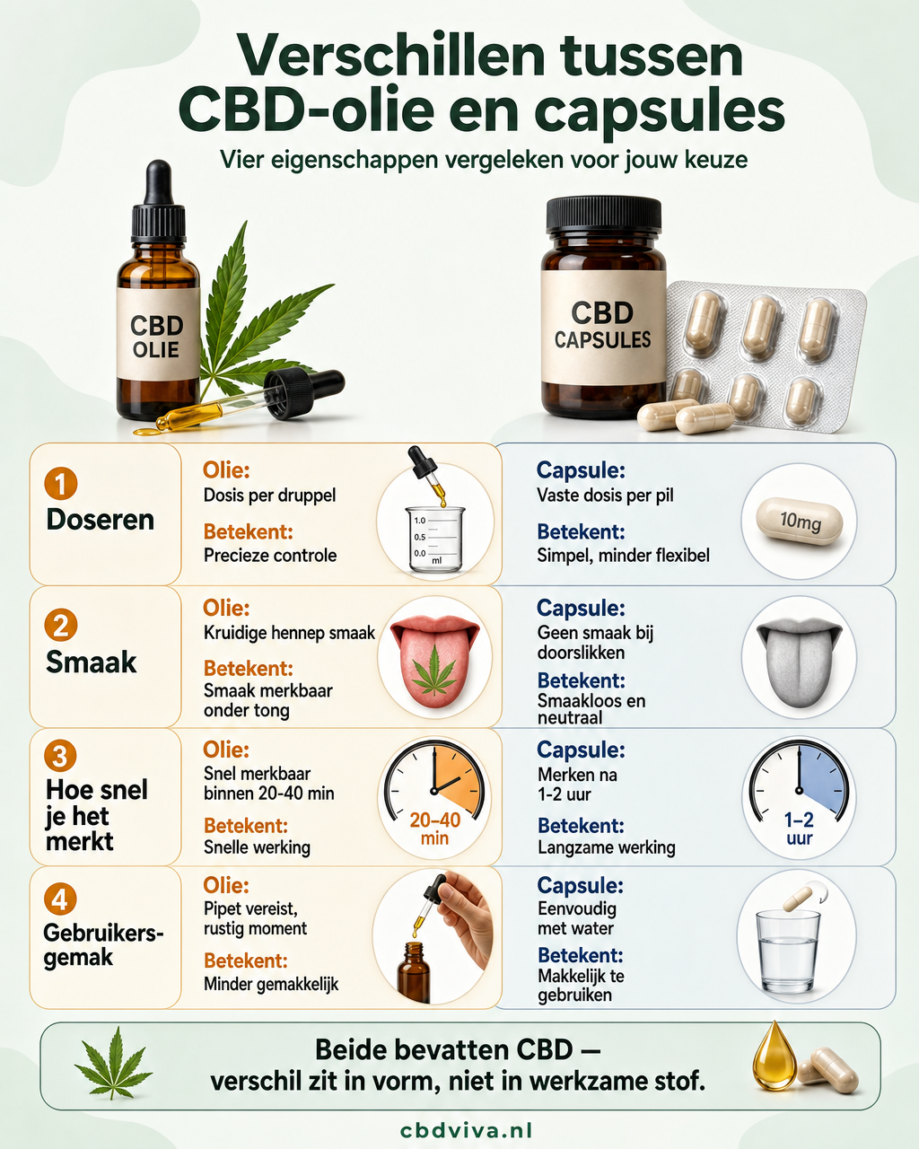 Vergelijking tussen CBD-olie en CBD-capsule op vier punten — NL-strict variant