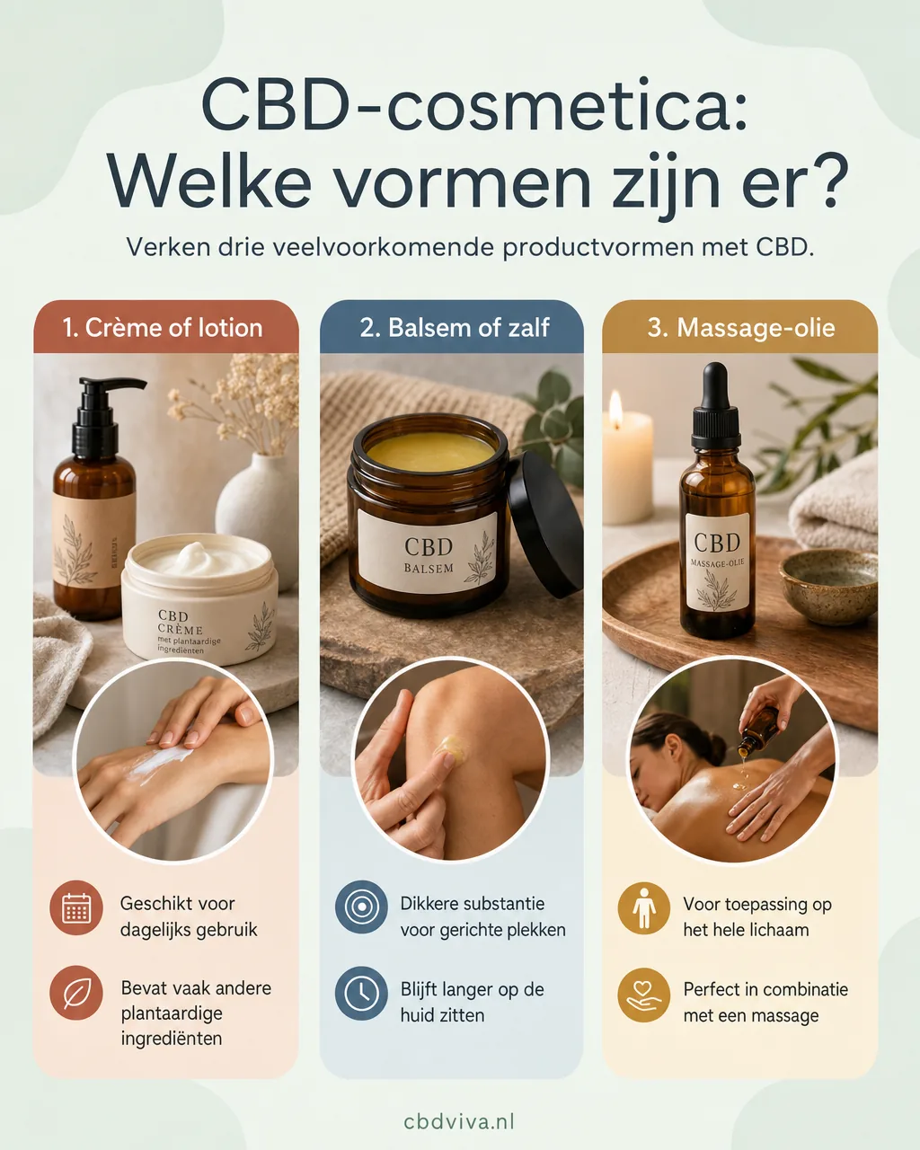 CBD-cosmetica in drie productvormen — crème, balsem, massage-olie