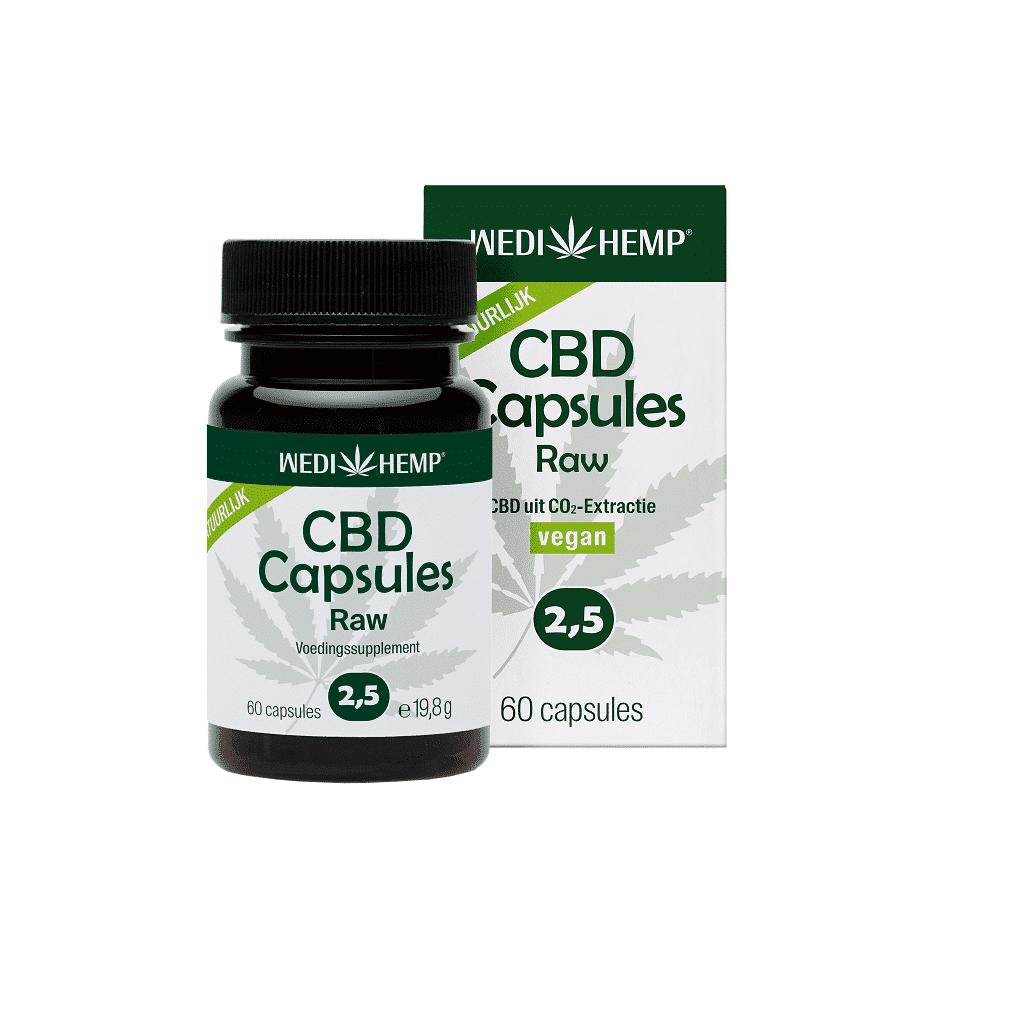 Een fles en doos Wedihemp - 2,5% CBD capsules, veganistisch, met 60 capsules met 6,75 mg CBD per capsule.