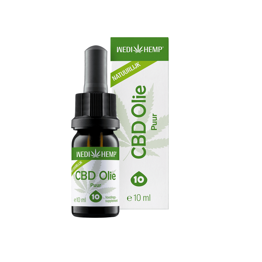 Een 10ml flesje Wedihemp - Puur 10% CBD olie - milde smaak met zijn doos. Het etiket is groen en wit, met een cannabisblad afbeelding.