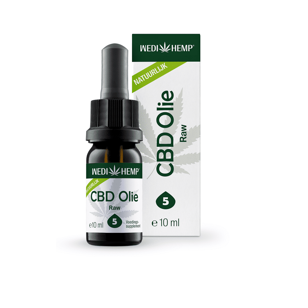 Productomschrijving: Een CBD-olieproduct met een druppelflesje met het label "Wedihemp - Raw 5% CBD olie - naturel smaak", verpakt met een afbeelding van een hennepblad en met een capaciteit van 10 ml.