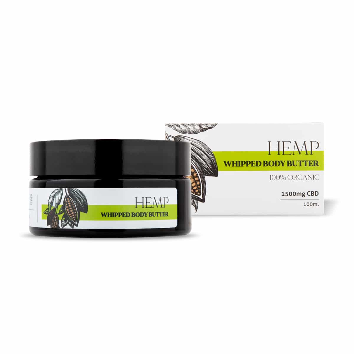 Een potje beschermende body-butter met CBD van Endoca (100 ml) opgeklopte body butter naast een doosje.