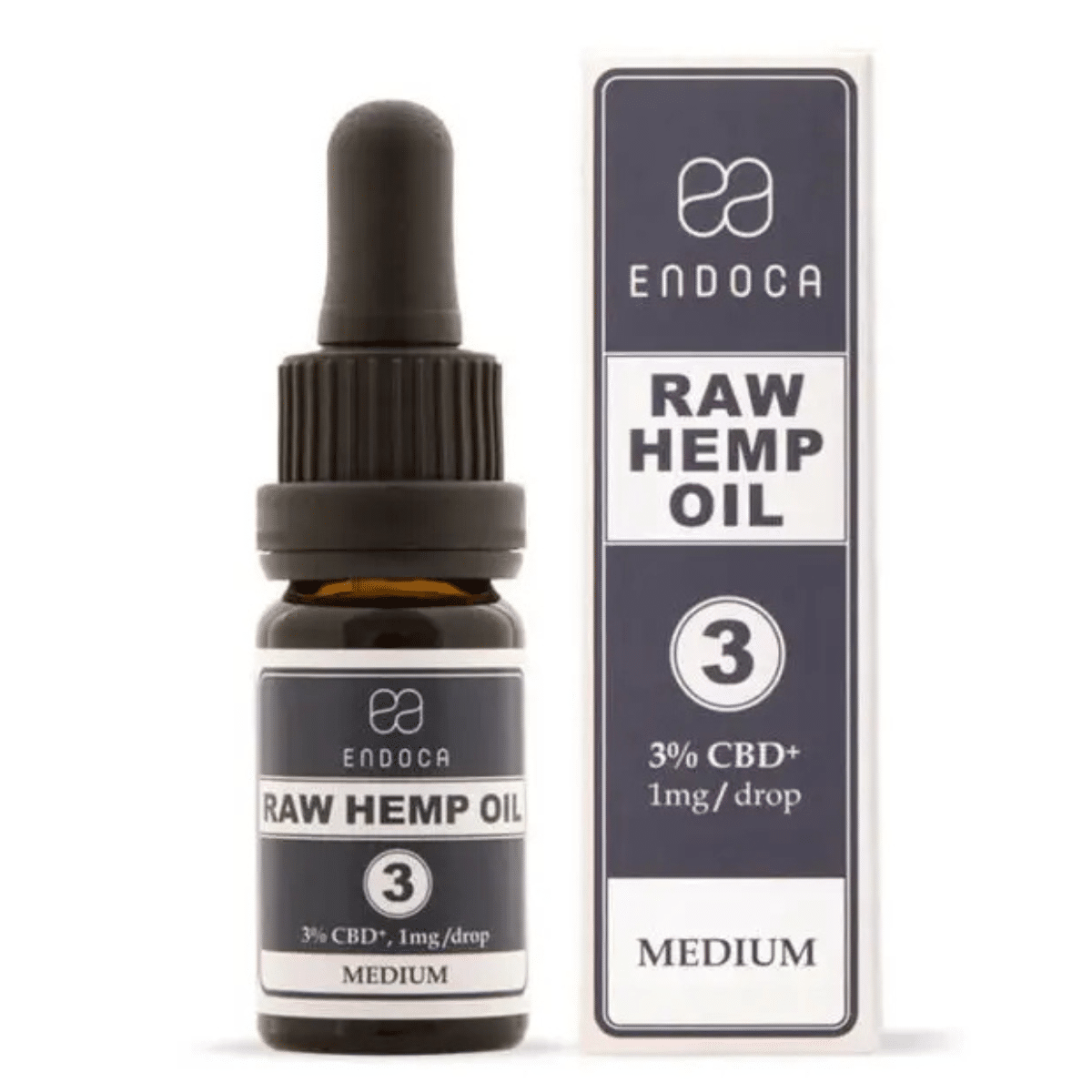 Een klein flesje en doosje Endoca - Raw 3% CBD Olie - naturel smaak, met het label "Medium", bevat 3% CBD+ met 1 mg per druppel.