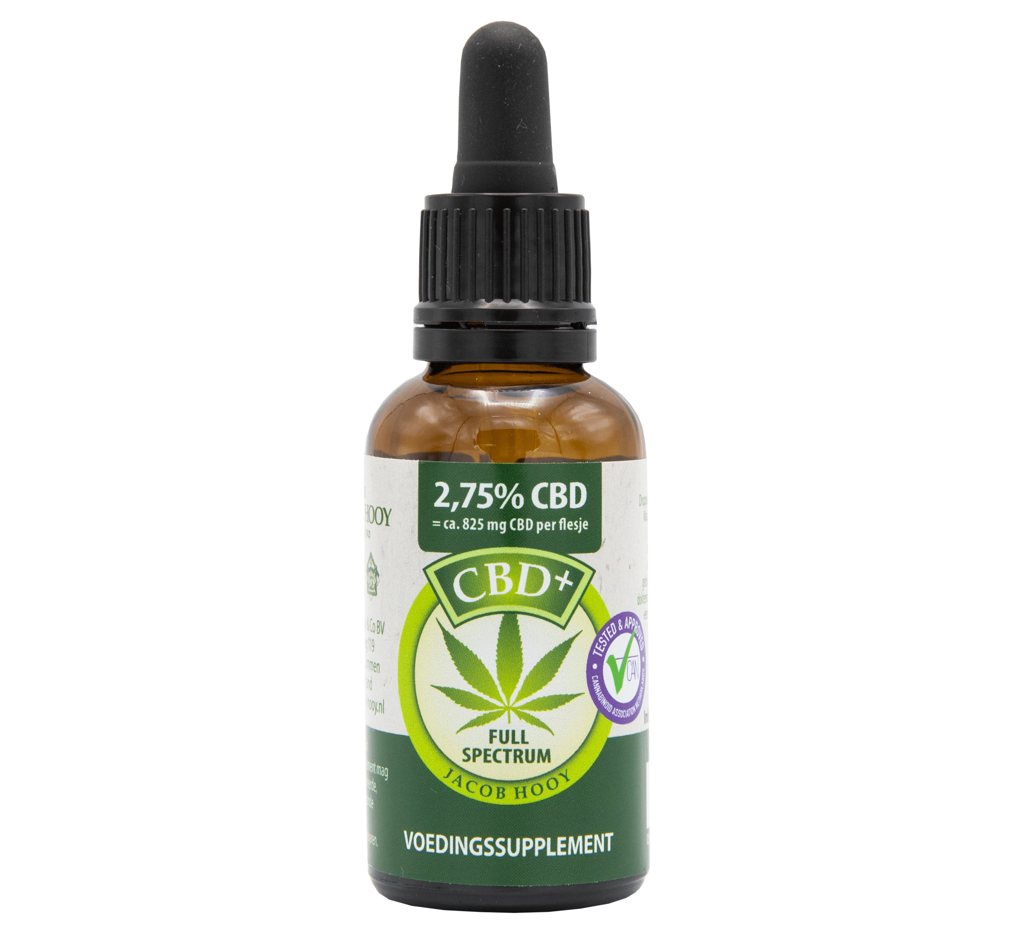 een fles cbd-olie op een witte achtergrond.