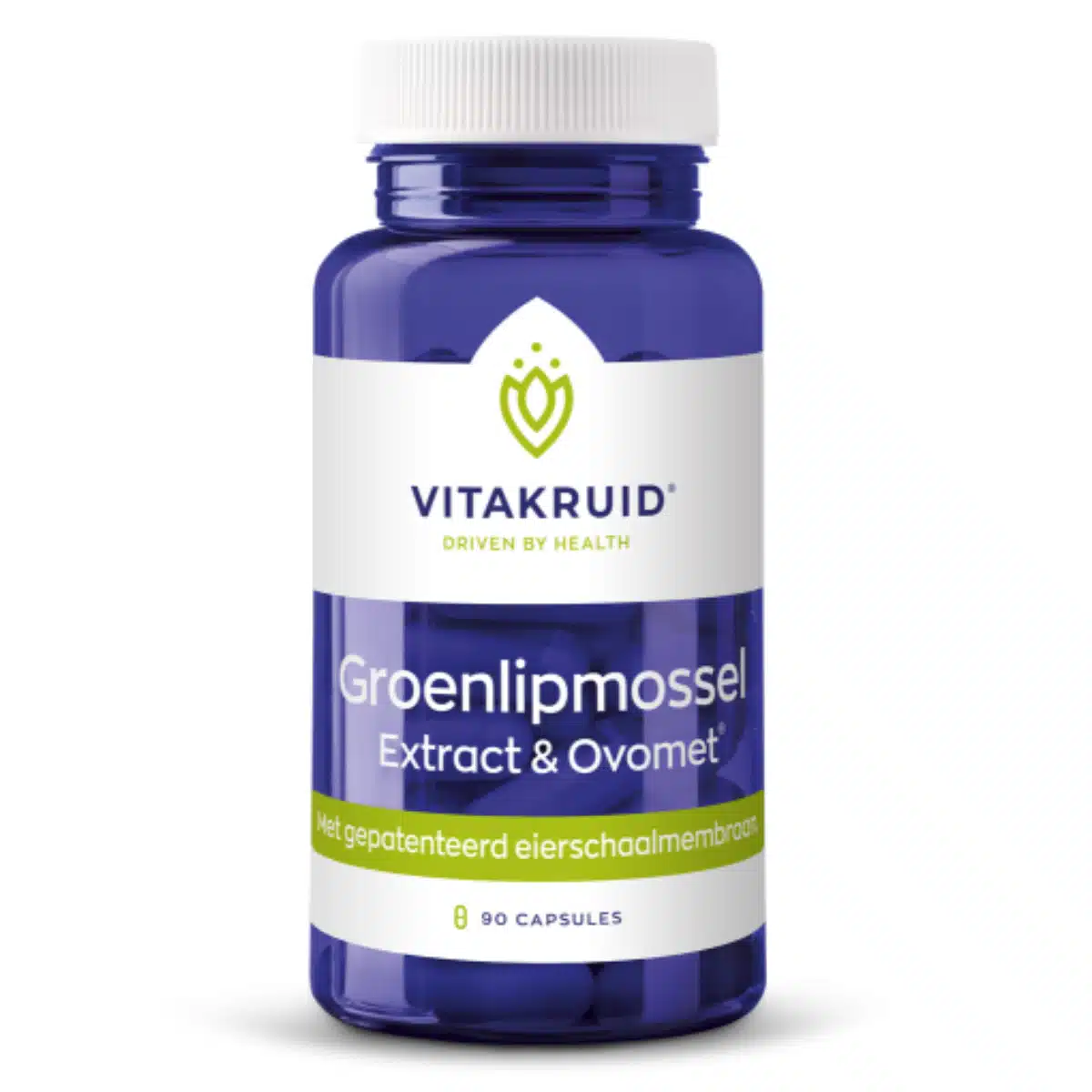 Een blauwe fles Vitakruid - Groenlipmosselextract & Ovomet® supplement met 90 capsules.